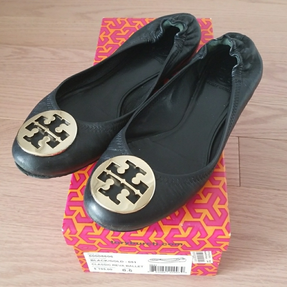 Tory Burch Reva Ballet Flat Black/Gold size 8.5